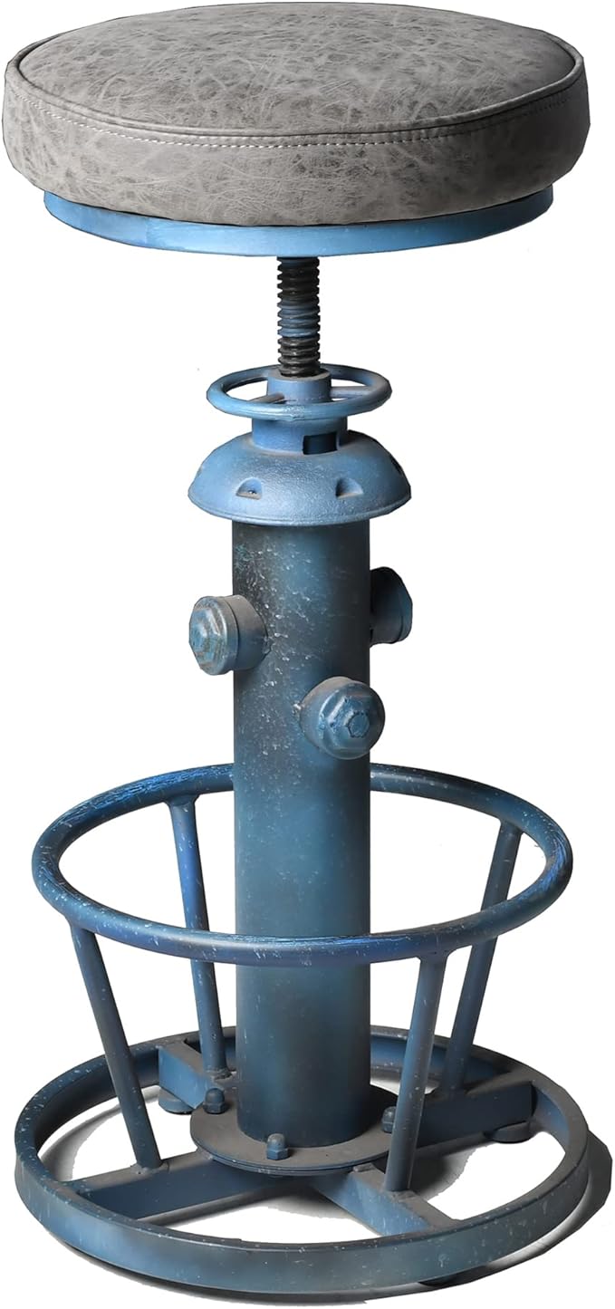 Topower American Antique Industrial Round Bottom Adjustable Height Cafe Coffee Retro Vintage Stylish Water Pipe Design Pub Kitchen Bar Stool (Antique Blue, PU Leather Top)