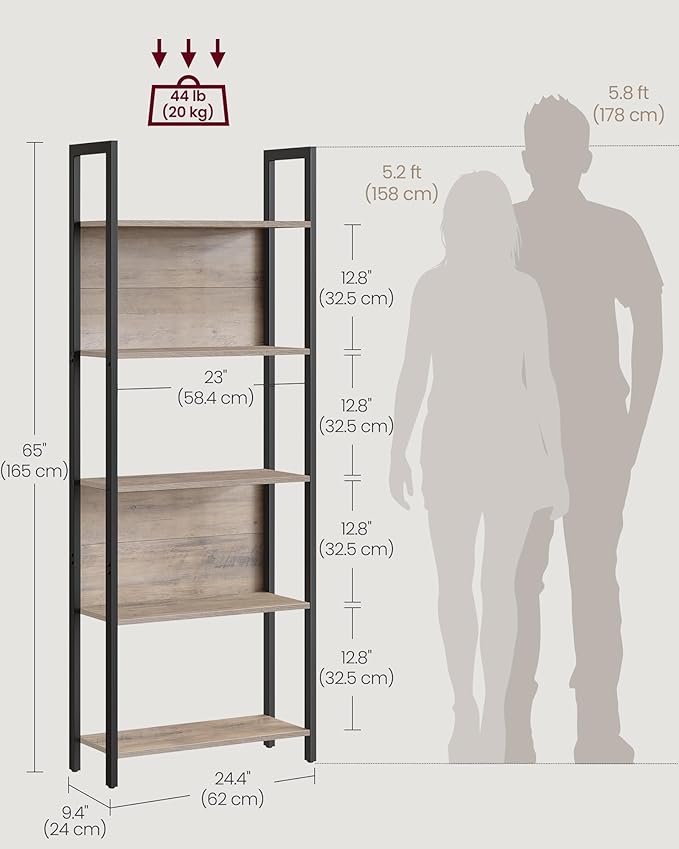 VASAGLE 5-Tier Bookshelf, Book Shelf, Industrial Bookcase, with Steel Frame, for Living Room, Home Office, Bedroom, 9.4 x 24.4 x 65 Inches, Greige and Black ULLS025B02