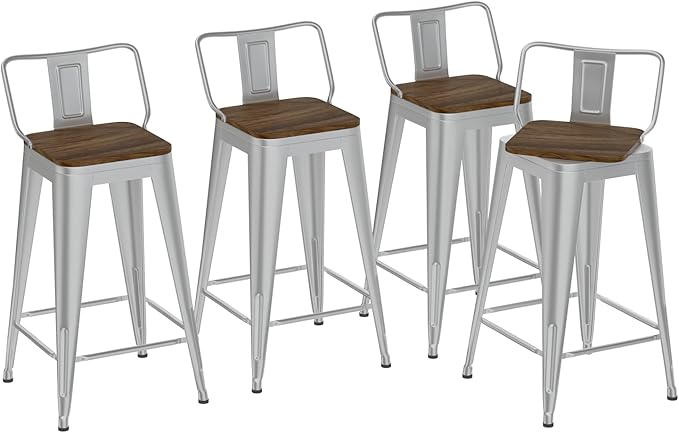 24 Inch Swivel Bar Stools Set of 4, Counter Height Bar Stools with Low Back, Metal Industrial Bar Chairs for Kitchen Island (Silver)