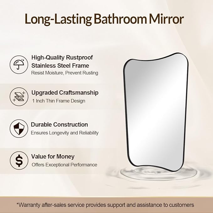 Black Bathroom Vanity Mirrors, 24 x 36 Irregular Wall Mirror with Black Trim Frame, Modern Asymmetrical Wall Mirror, Unique Shaped Decorative Mirrors for Living Room, Bedroom, Fireplace