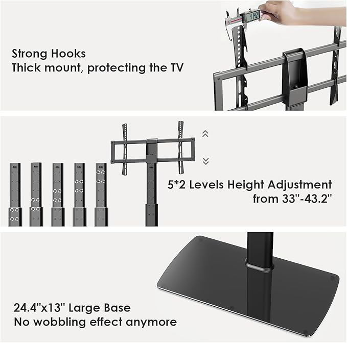 FITUEYES Universal TV Stand Mount for 43-80 85 inch TVs, Swivel Tall TV Mount Stand, Table Top TV Stand Base Replacement, Height Adjustable TV Table Stand, Glass Base, Max Holds 110lbs