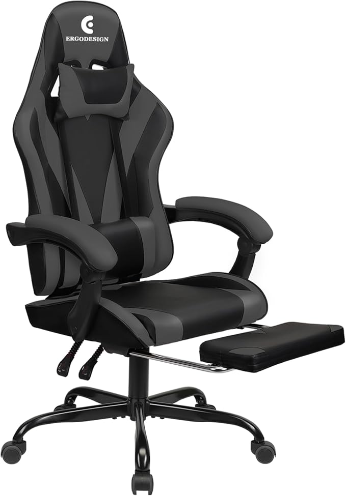 Gaming Chair with Linkage Armrest & Footrest, High Back Video Gaming Chair, Black/Grey