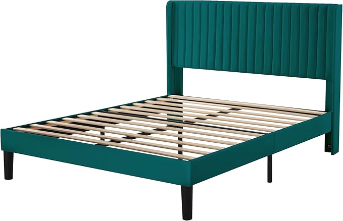Allewie Full Size Bed Frame/Velvet Upholstered Platform Bed/Vertical Channel Tufted Wingback Headboard/Strong Wooden Slats/No Box Spring Needed/Easy Assembly/Teal