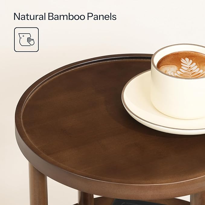 HOOBRO Small Round Side Table with Charging Station, 3-Tier Round Bamboo End Table, Compact Sofa Bedside Table for Small Space, Easy Assembly, for Living Room, Bedroom, Apartment, Mocha MA152UBZ01