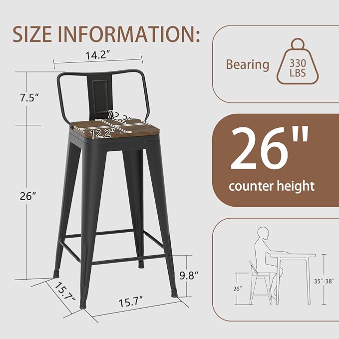 26 Inch Swivel Bar Stools Set of 4, Counter Height Bar Stools with Low Back, Metal Industrial Bar Chairs for Kitchen Island (Matte Black)