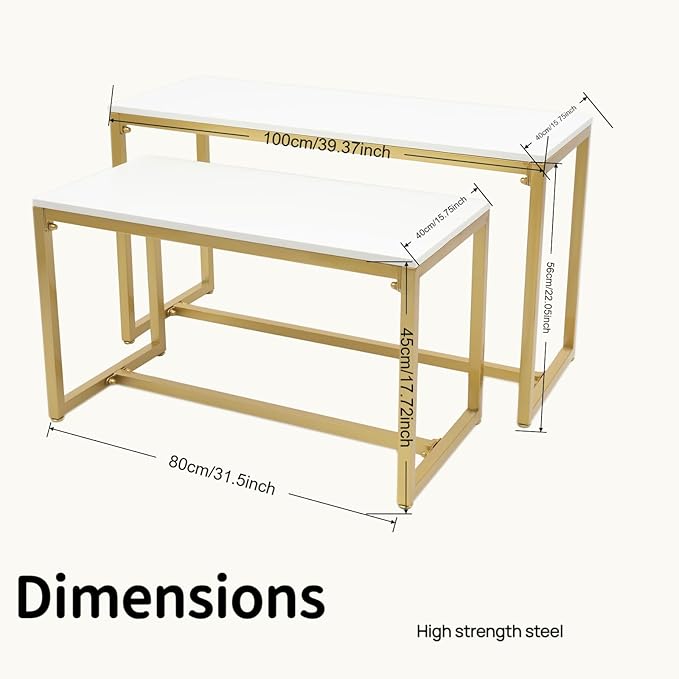 Gold 2-Piece Set Retail Display Tables Modern Nesting Tables - Metal Display Riser Shelf for Shoes, Handbags, Home, Clothing Shops & Retail Stores - 110lbs Load Capacity