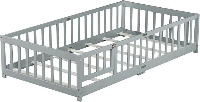 Bellemave Twin Floor Bed with Slats and Safety Guardrails, Kids Montessori Floor Beds with Fence and Door, Easy Assemble Floor Bed for Kids, Girls, Boys, Gray