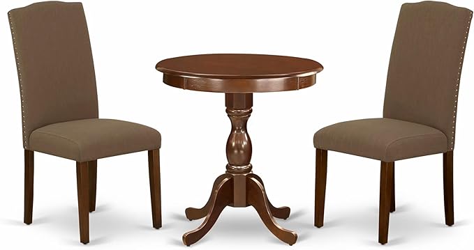 East West Furniture ESEN3-MAH-18 3 Piece Dinette Set for Small Spaces Contains a Round Dining Table with Pedestal and 2 Dark Coffee Linen Fabric Upholstered Chairs, 30x30 Inch, Mahogany