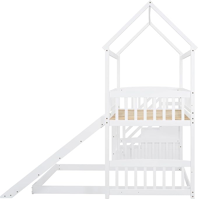 Ball & Cast Twin Over Twin Size House Bunk Bed with Slide and Storage Steps,Wood Bunkbed w/Full-Length Guard Rail & Ladder,Slat Support,Space Saving,Bedroom Furniture for Student Dorms,White