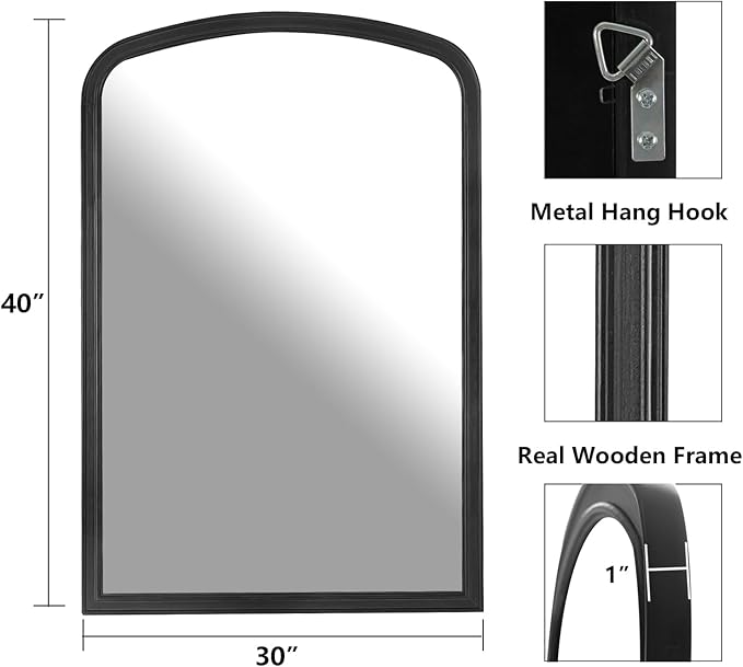 HOMECOOKIN Wood Arched Mirror for Bathroom, 30" x 40" Farmhouse Rustic Arched Wall Mirror Wood Framed Vanity Mirror for Home Decor Entryway Living Room (Black)