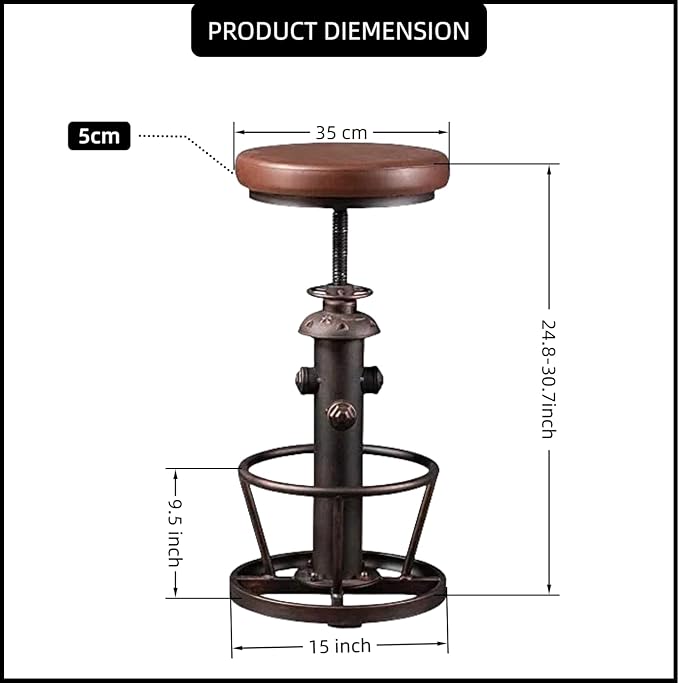 Vintage Swivel Bar Stools Industrial Leather Seat Bar Stool Fire Hydrant Design Kitchen Dinning Chair 24-30inch Height Adjustable with Footrest