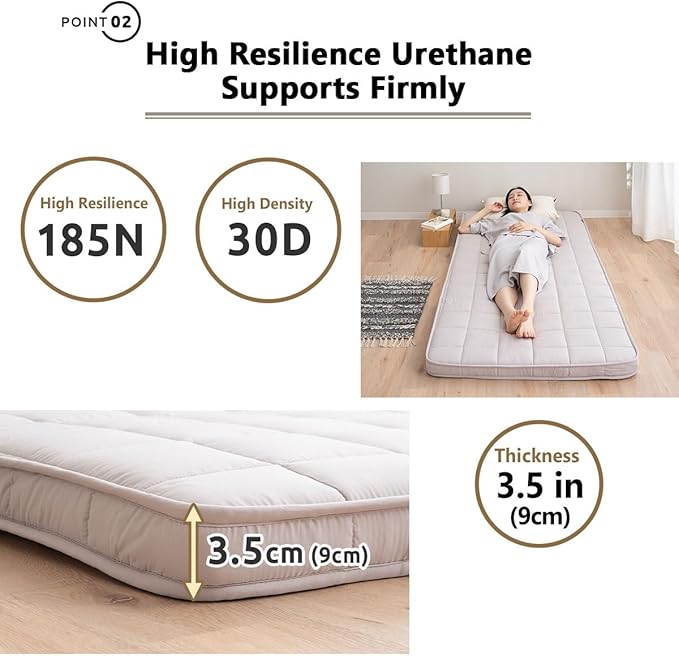 EMOOR Japanese Padded Futon Mattress Machi Small-Twin Gray, Gusset Foldable Storable Elastic Bands Floor Sleeping Guest Bed Tatami Mat