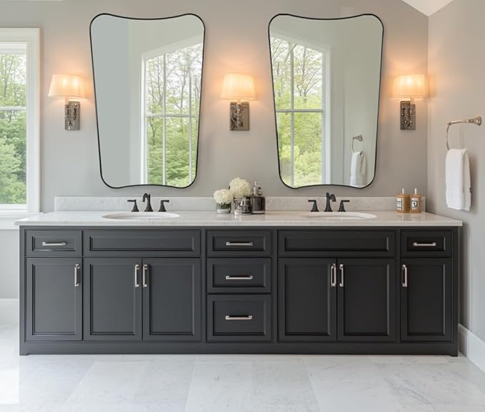 ANDY STAR Bathroom Mirror, 26x38 Inch Matte Black Vanity Mirror, Black Asymmetrical Mirror in Premium Stainless Steel Metal Frame Deep 1’’, Wall Mount Vertically Only