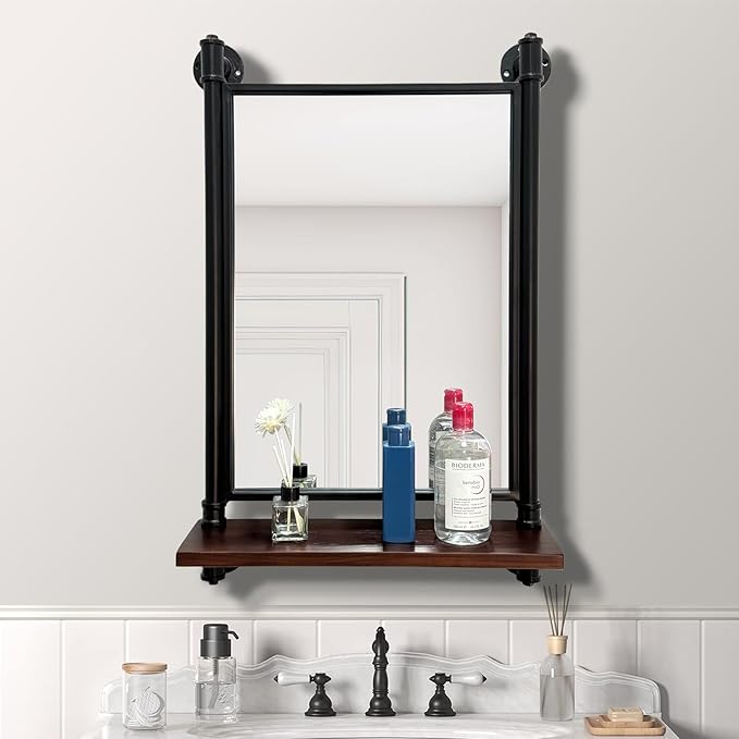 Industrial Pipe Mirror Wood Shelves,Bedroom Mirror with Shelf,Rectangle Iron Wall Mirrors for Living Room Bedroom(29.5x19.68)