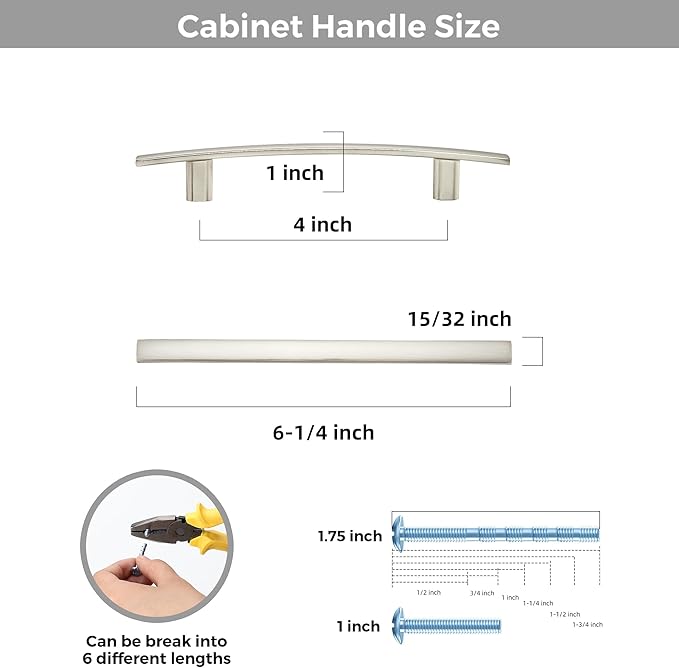 15 Pack Cabinet Handles 4" Hole Center - Curved Cabinet Pulls Brushed Nickel Drawer Pulls for Kitchen Cupboard Solid Hardware for Dresser Drawer Arch Hardware