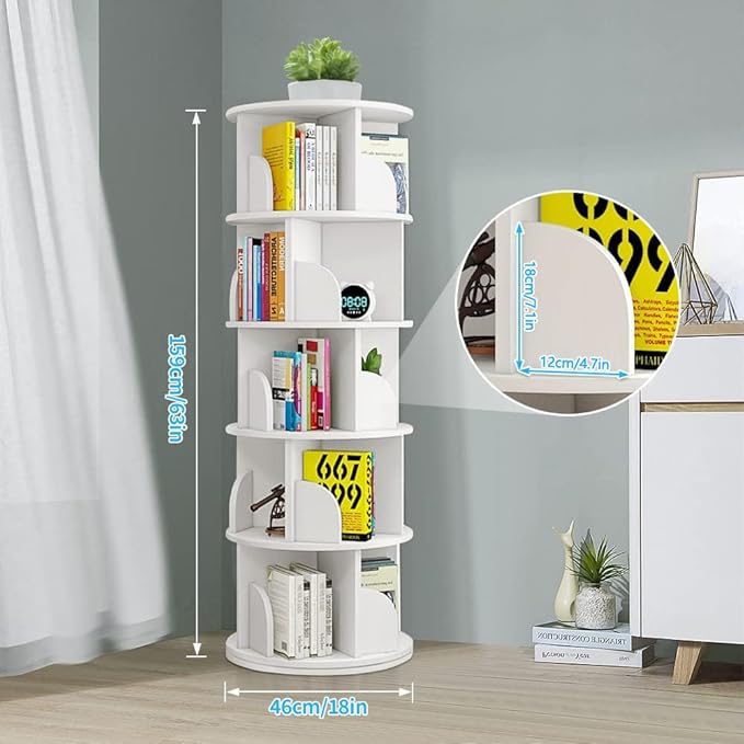 Nisorpa 5 Tier Rotating Bookshelf, 360° Revolving Bookcase Rotating Stackable Shelves Floor-Standing Storage Display Rack Used in Bedrooms Living Rooms Study Office (63"x18"x18")