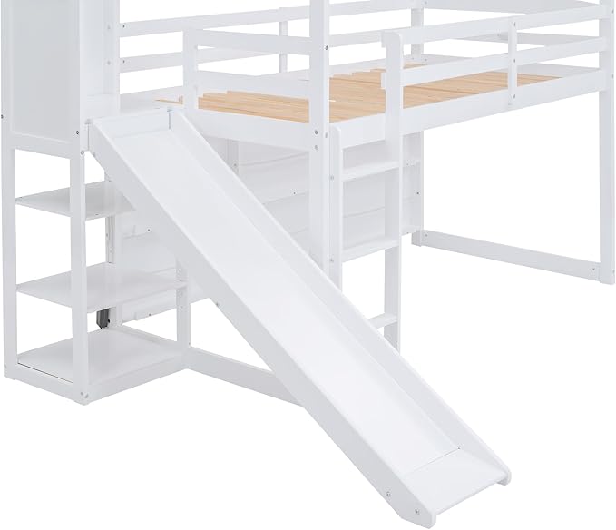 Twin Size House Loft Bed with Slide, Storage Shelves and Light, Wood Kids Bed Frame with Guardrail and Ladder,Climbing Ramp,for Teens Boys Girls Bedroom, White