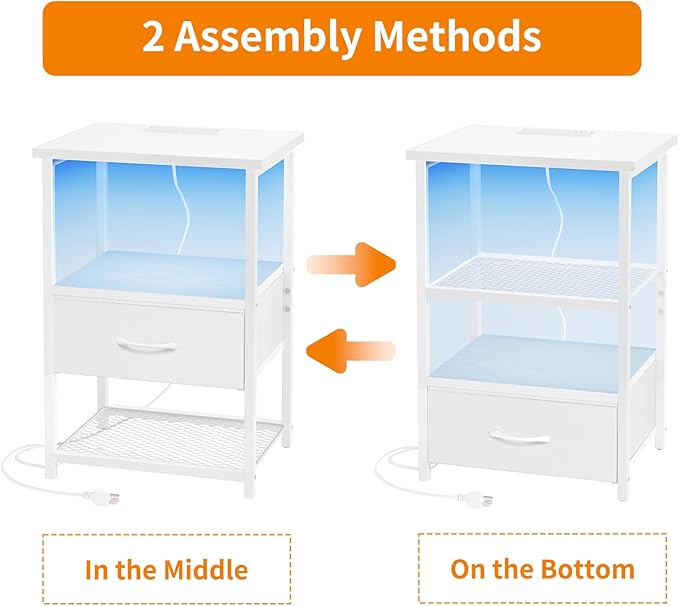 Fixwal Night Stand with Charging Station, LED Nightstand with Fabric Drawers, End Table with PU Finish, Bed Side Table, White