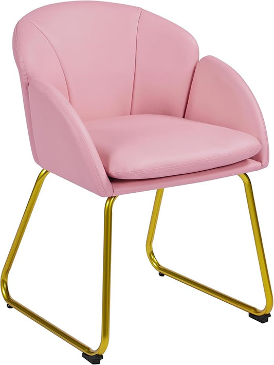 Yaheetech Modern PU Leather Armchair, Flower Shaped Makeup Chair Vanity Chair with Golden Metal Legs for Living Room/Makeup Room/Bedroom/Home Office/Kitchen, Simple Pink
