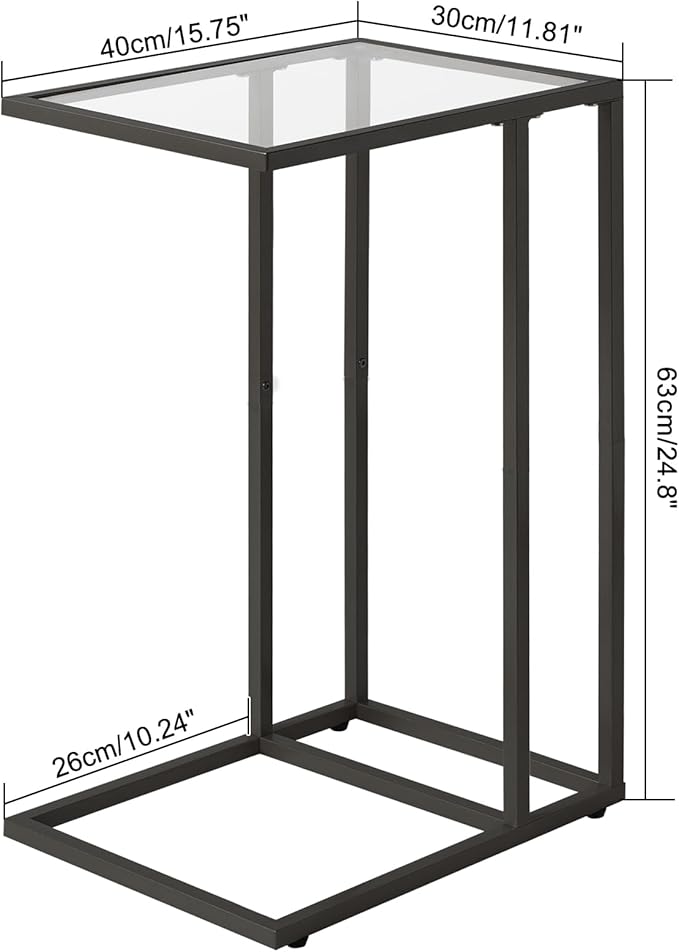 YMYNY C-Shaped End Table, Tempered Glass Sofa Side Table, nightstand for Small Place,Coffee Table for Hallway Office Bedroom Living Room, Metal Frame, Black, 24.8 * 15.75 * 11.8" UHGD001B