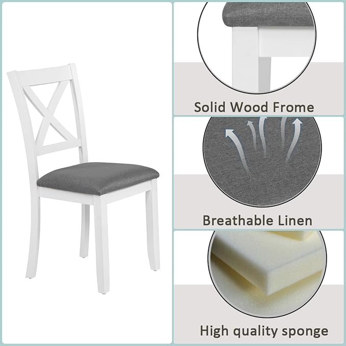 Dining Table Set for 4, 5-Piece Kitchen Table & Chairs Set with Square Table & 4 Fabric Upholstered Chairs, 34.5'' Dinner Set with X-Shaped Backrest & Non-Slip Feet for Kitchen, White&Gray