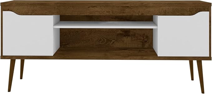 Manhattan Comfort Bradley Mid Century Modern TV Stand for Televisions up to 60 Inches, Living Room Entertainment Center with Storage, Media Shelves and Soft Close Doors, Rustic Brown/White