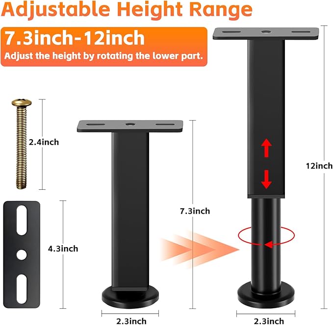 2PCS Adjustable Height Bed Support Legs, 7.3-12 In, Metal Heavy Furniture Legs with Rubber Non-Slip Base for Sofa/Cabinet/Couch/Dresser/Table, Furniture Feet Replacement for King Queen Bed Frame Slat