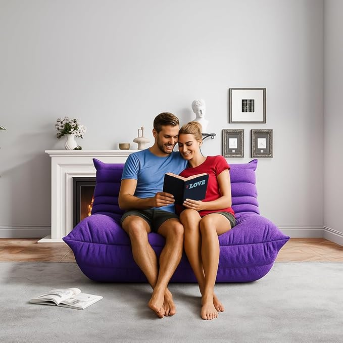 Bean Bag Chairs for Adults, Memory Foam Couch Loveseat Sofa Chair, Soft Teddy Material Cozy Comfy Reading Nook Chairs, Floor Chair for Living Room Bedroom Office(Purple)