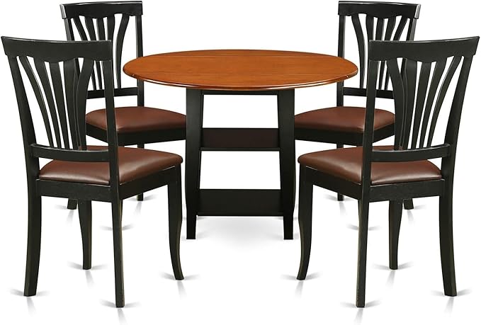 East West Furniture SUAV5-BCH-LC 5 Piece Dining Table Set for 4 Includes a Round Kitchen Table with Dropleaf & Shelves and 4 Faux Leather Dining Room Chairs, 42x42 Inch, Black & Cherry