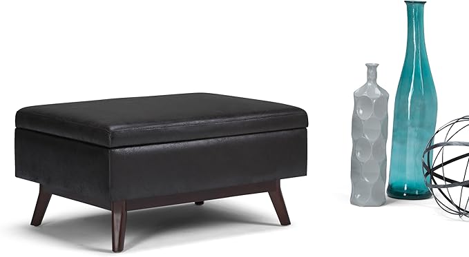 SIMPLIHOME Owen 34 inch Wide Mid Century Modern Rectangle Coffee Table Storage Ottoman in Distressed Black Vegan Faux Leather, Assembled, for the Living Room, Entryway and Family Room