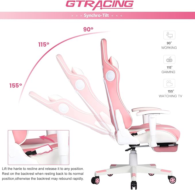 GTRACING Gaming Chair with Footrest Speakers Video Game Chair Bluetooth Music Heavy Duty Ergonomic Computer Office Desk Chair (Pink)