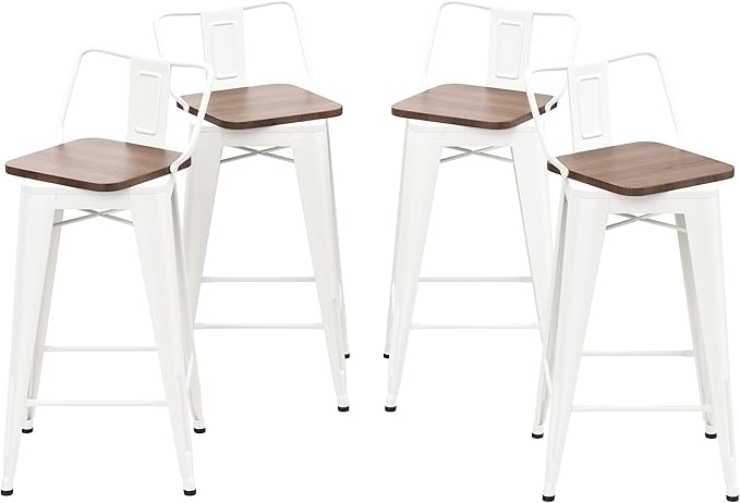 26 Inch Swivel Bar Stools Set of 4 with Backs Counter Height Industrial Metal Barstools Island Bar Chairs for Home Kitchen Dining Room (Swivel 26 inch, White Wooden)
