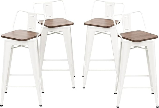26 Inch Swivel Bar Stools Set of 4 with Backs Counter Height Industrial Metal Barstools Island Bar Chairs for Home Kitchen Dining Room (Swivel 26 inch, White Wooden)