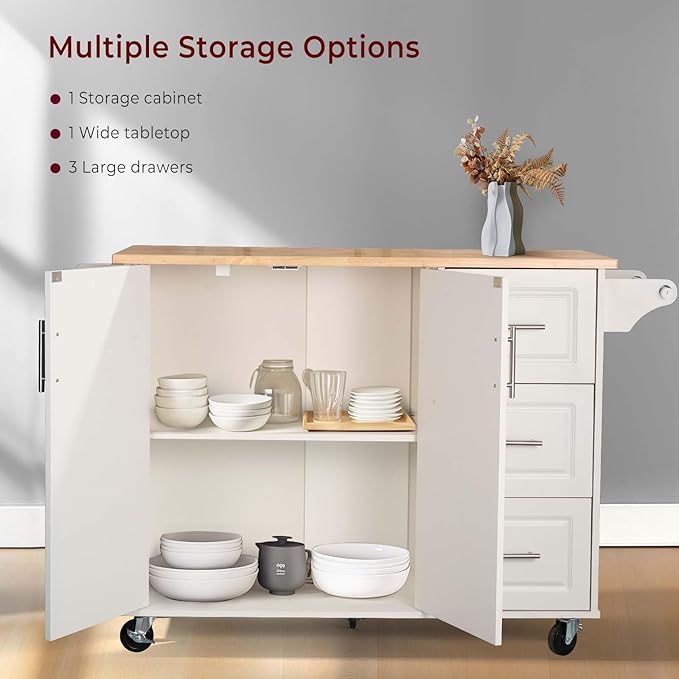 54" Rolling Kitchen Island Cart with Storage, Large Kitchen Cart Cabinet with Folding Drop Leaf Breakfast Bar, Wood Island Table with 3 Drawers and Spice Rack & Towel Rack, White