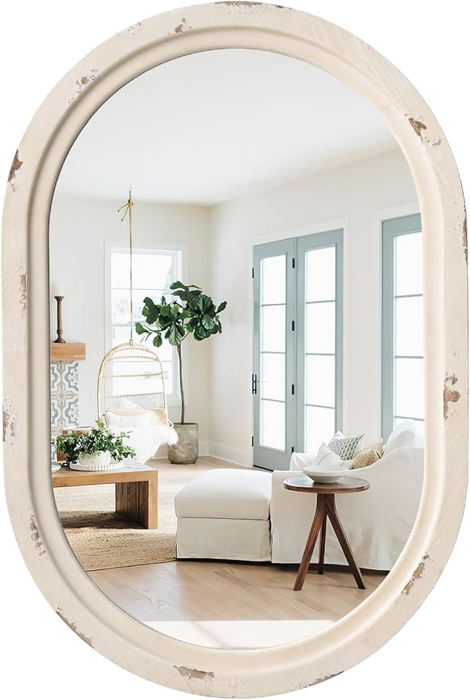 sawsile 20x30'' Rustic Oval Wood Mirror,Decorative Farmhouse Oval Mirrors,Vanity White Mirrors for Bedroom, Bathroom, Living Room,or Entryway