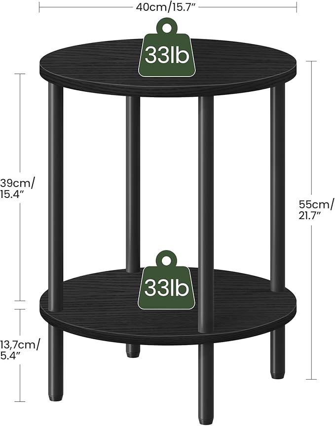 Round Side Table, 2-Tier End Table, Small Side Table with Metal Tube, Industrial Coffee Table, for Living Room, Bedroom, Black TBZ11BB