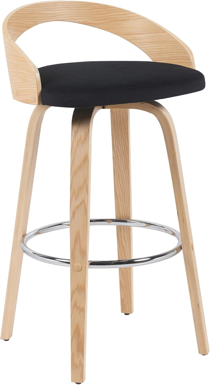 Armen Living Sonia Modern Swivel Bar Height Stool with Black Upholstered Seat and Patterned Oak Wood Finish