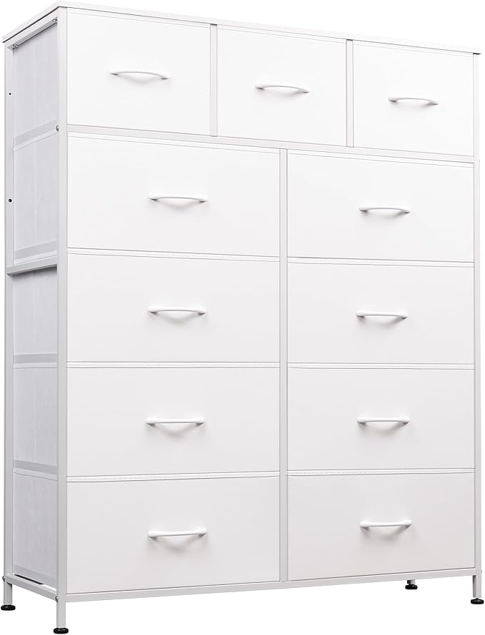 WLIVE Storage Organizer Unit with 11 Fabric Bins, Storage Drawers Organizer with Steel Frame, Tall Storage Tower Organizaton for Living Room, Hallway, Office, White
