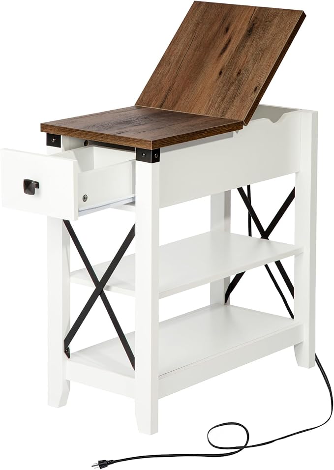 Narrow End Table with Charging Station - Farmhouse Slim Side Table, w/USB Ports Power Outlets, Nightstand w/Flip Top Storage Drawer, for Small Spaces Living Room Bedroom, Brown White