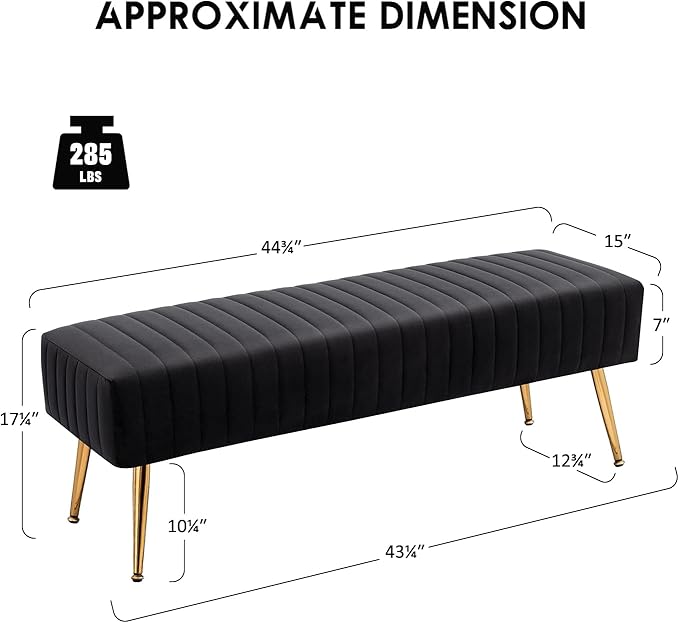 Furniliving 44 Inch Bedroom Bench, Upholstered Tufted Striped Fabric Ottoman Benches with X-Shaped Metal Legs for Living Room, Entryway Solid Wood Indoor Bench for Foyer (Black)