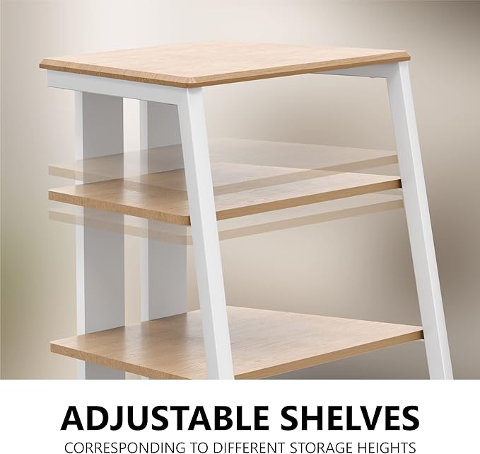 FITUEYES Design 4-Tier AV Media Stand Corner Shelf Stand Wooden Corner Shelves Component Cabinet Stereo Rack Audio Tower with Height Adjustable Wooden Shelves for ps4 (White Oak)