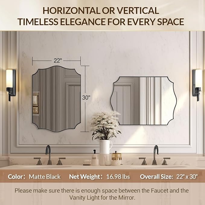 Black Scalloped Vanity Mirror, Matte Black Bathroom Mirrors, Metal Framed Black Wall Mirror, 22x30 Irregular Shaped Mirror, Rectangle Wavy Wall Mirror, Mounted Vertically or Horizontally