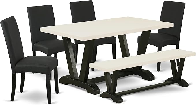 East West Furniture V626DR124-6 6 Piece Kitchen Table & Chairs Set Contains a Rectangle Dining Room Table and 4 Black Color Linen Fabric Parson Chairs with a Bench, 36x60 Inch, Multi-Color