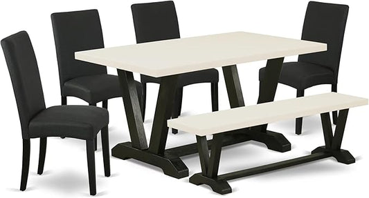 East West Furniture V626DR124-6 6 Piece Kitchen Table & Chairs Set Contains a Rectangle Dining Room Table and 4 Black Color Linen Fabric Parson Chairs with a Bench, 36x60 Inch, Multi-Color