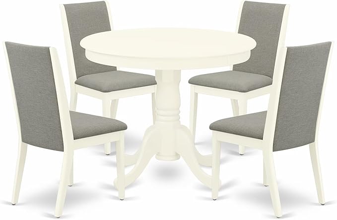 East West Furniture ANLA5-LWH-06 5 Piece Dining Room Furniture Set Includes a Round Kitchen Table with Pedestal and 4 Shitake Linen Fabric Parsons Dining Chairs, 36x36 Inch, Linen White