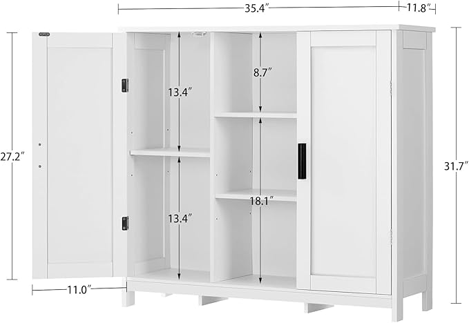 Iwell Storage Cabinet with 2 Doors and 4 Storage Shelves, Credenza Buffet Cabinet, Bathroom Cabinet for Living Room, Entryway, Home Office, White