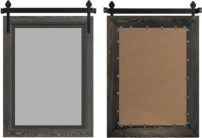 YOSHOOT Farmhouse Barn Door Mirror, 32"x24" Rustic Bathroom Mirror, Wood Frame Wall Mirror, Wooden Mirror for Living Room Bedroom Entryway Wall Décor, Vertical Hanging ONLY