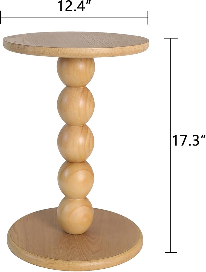 Round Wooden Side Table with Stacked Ball Pedestal Base, Accent Nightstand for Living Room, Bedroom, Corners (Natural)