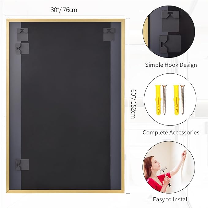 Koonmi Gold Mirrors for Wall, 30x60 Inch Bathroom Mirror, Rectangular Wall Mirror for Living Room Bedroom Bathroom, Hangs Horizontally or Vertically