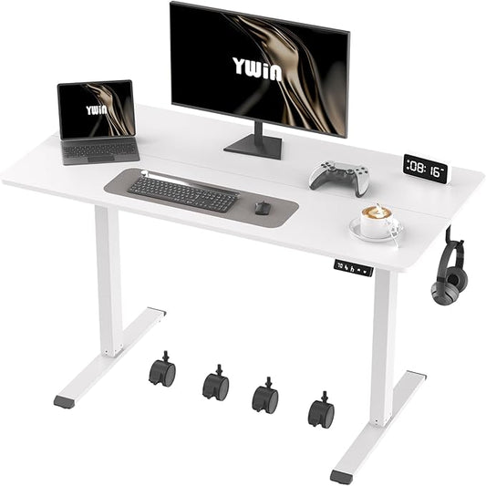 Ywin Electric Height Adjustable Standing Desk, 55 x 24 inches Sit Stand Desk with Wheels, Ergonomic Stand Up Desk for Home Office